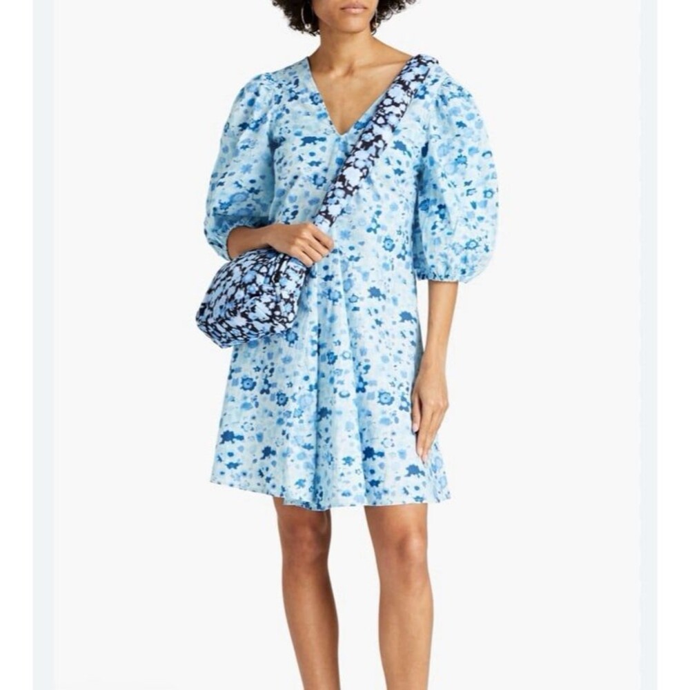 Ganni Cotton Poplin Puff Sleeve Blue and white floral mini Dress Size EU42 US12